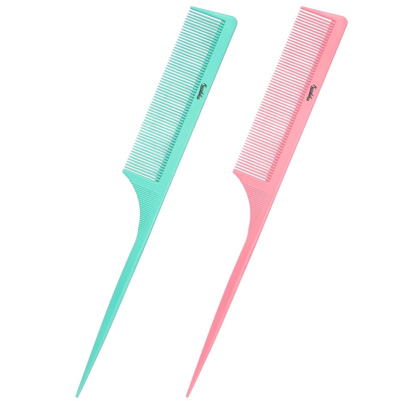 Kunihiko Rat Tail Comb for Women: 2pcs Fine Tooth Parting Tip Carbon Fiber Root Teasing Anti Static Combs （Green, Pink） - Image 1